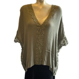 Kye Mi Olive Green Lace Trim V-Neck Poncho Top Large